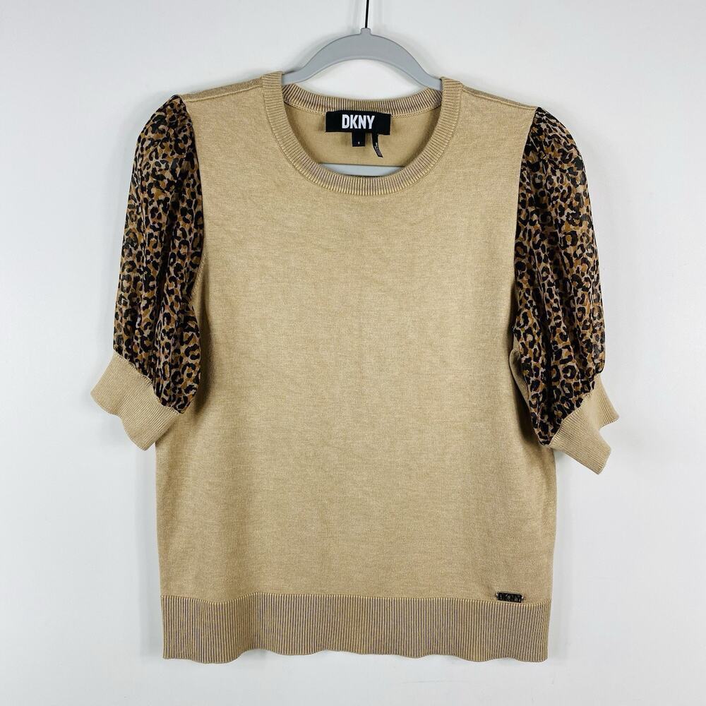 DKNY Size Small Mixed Media Printed Sleeve Top Tan Cheetah